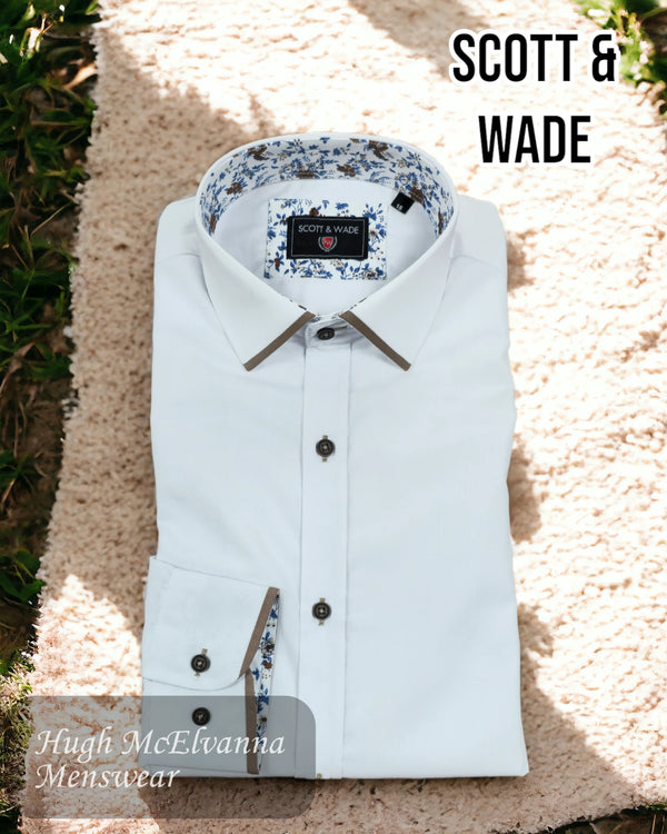 JOSS white long sleeve shirt with tan trim by Scott & Wade