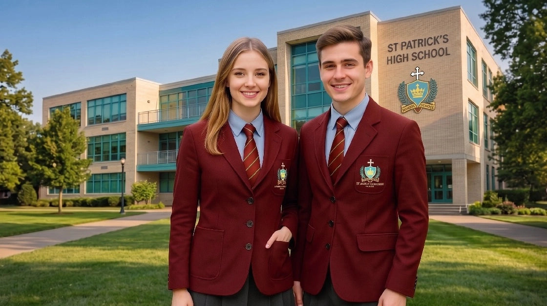 St Patrick’s High School uniform buying guide at Hugh McElvanna Menswear Keady, featuring students wearing the official school uniform blazers outside the campus