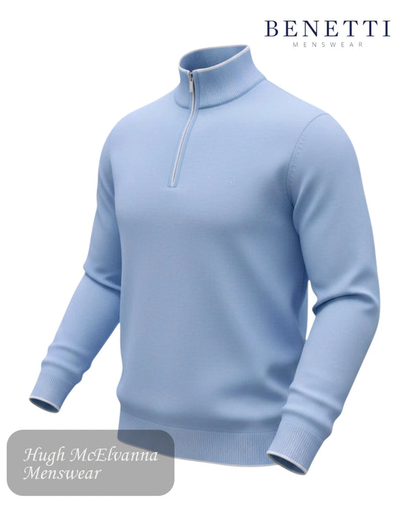 Light blue sweater with a quarter zip on a white background, featuring the Benetti label.
