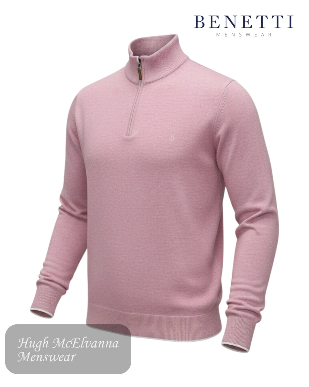 Benetti Julius 1/4 zip rose pink cotton pullover for men with white contrast tipping and embroidered chest logo.