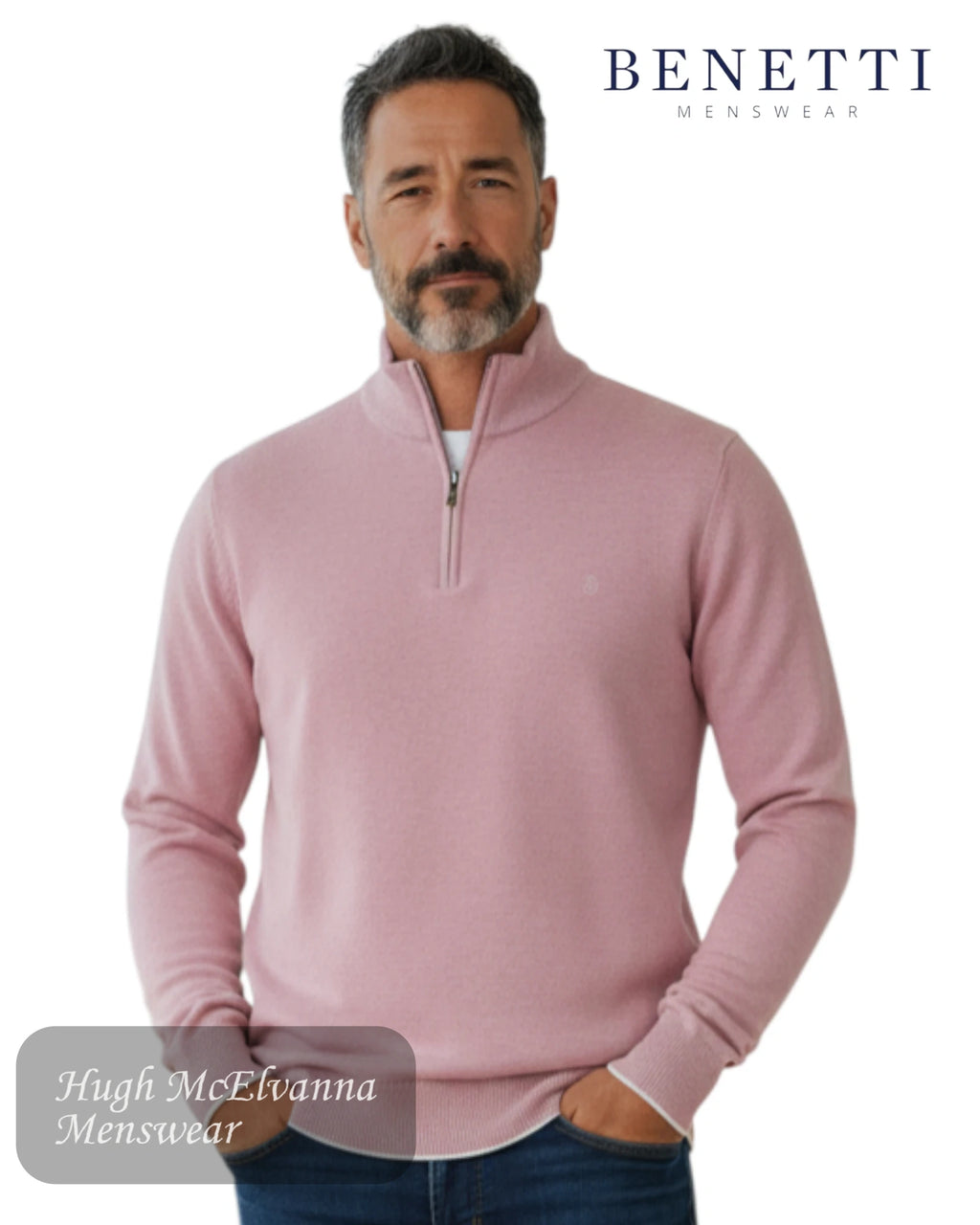 Man wearing a rose half-zip sweater with 'Benetti Menswear' branding.