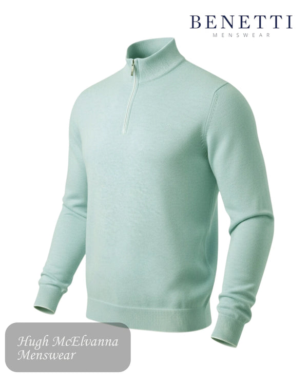 Light green half-zip sweater on a white background with 'BENETTI MENSWEAR' branding.