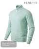 Light green half-zip sweater on a white background with 'BENETTI MENSWEAR' branding.