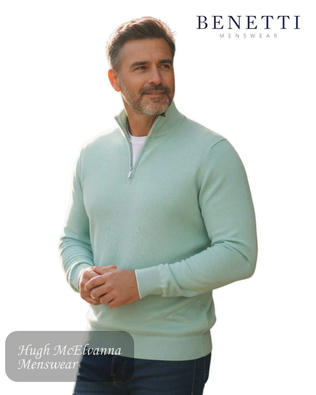 Benetti Julius 1/4 zip sage green cotton pullover for men with white contrast tipping and tonal chest logo.