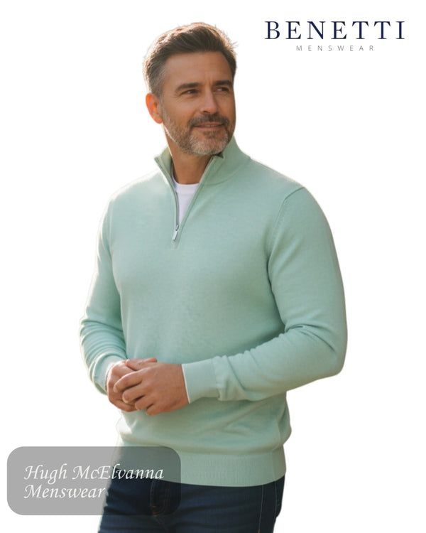 Benetti Julius 1/4 zip sage green cotton pullover for men with white contrast tipping and tonal chest logo.