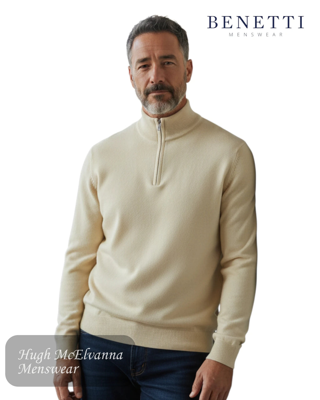 Man wearing a stone 1/4 zip sweater with 'BENETTI' branding on a white background