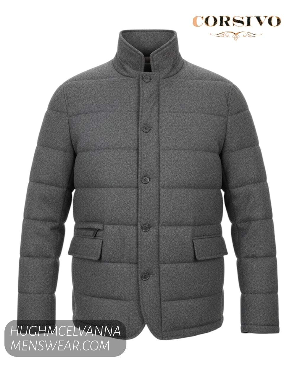 Front 3D ghost mannequin view of Corsivo charcoal quilted jacket with button and zip fastening