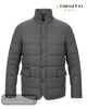 Front 3D ghost mannequin view of Corsivo charcoal quilted jacket with button and zip fastening