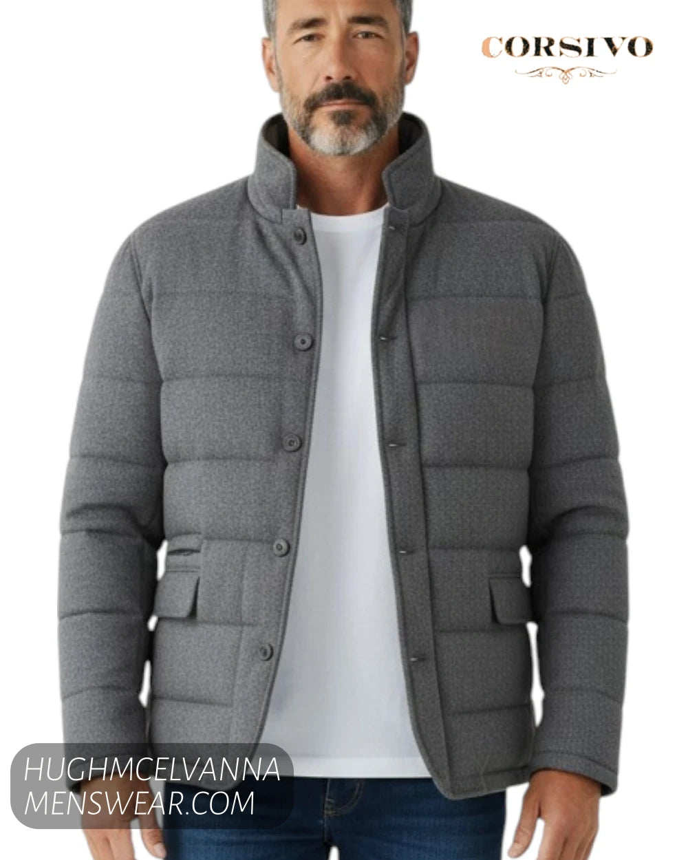 Portrait close up view of model wearing Corsivo grey padded jacket with stand collar