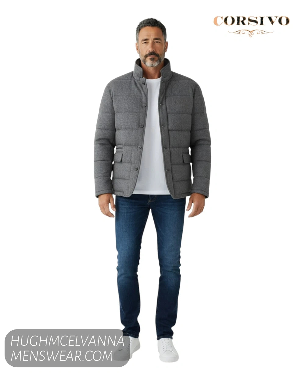 Full length model view wearing Corsivo charcoal grey quilted jacket with white t-shirt, jeans, and trainers