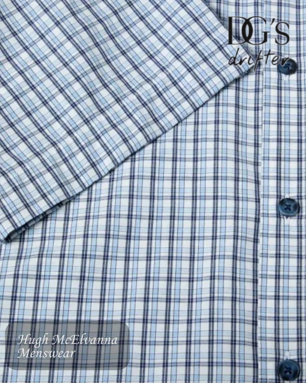 Close-up of a blue and white checkered shirt with buttons, featuring 'DG's Drifter' branding.