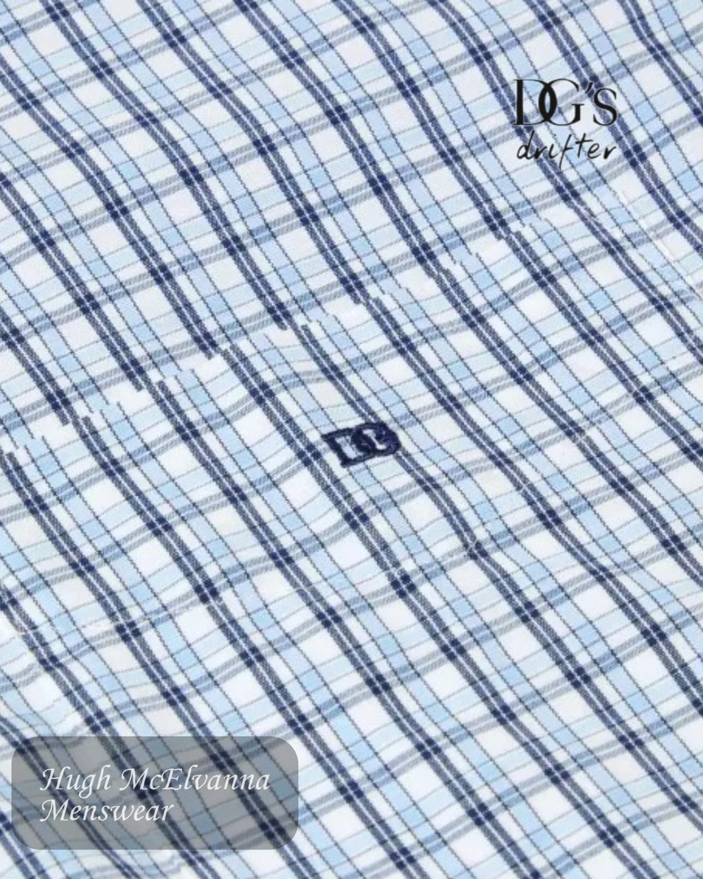 Close-up of a blue and white checkered fabric with a brand logo and text.
