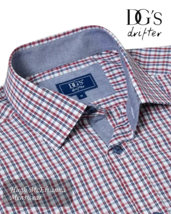Red and blue checkered shirt with DG's Drifter label on a white background
