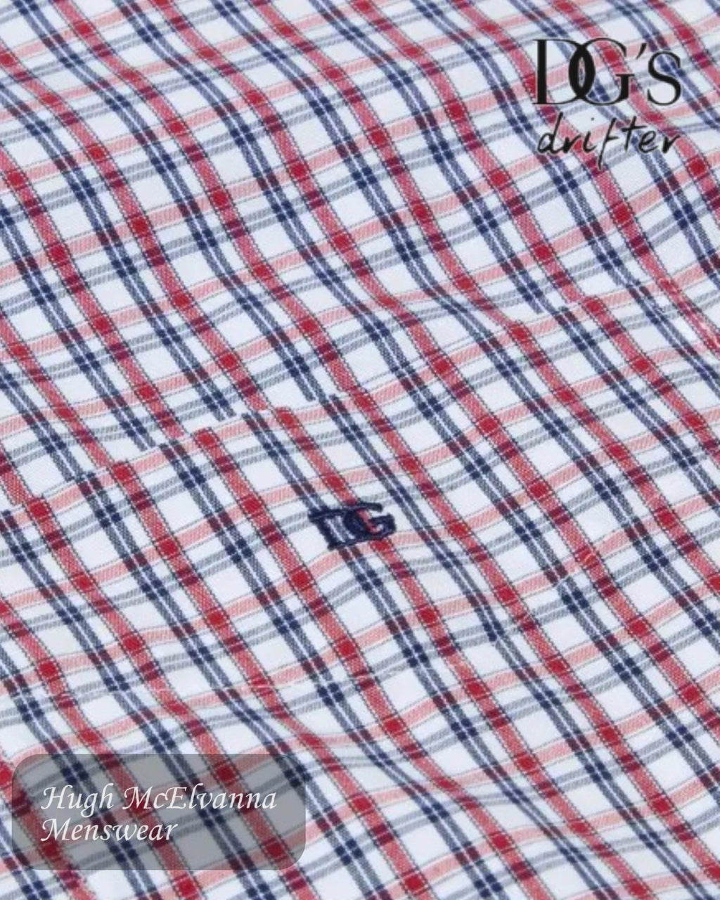 Close-up of a red, white, and blue plaid fabric with 'IQ's Drifter' branding.