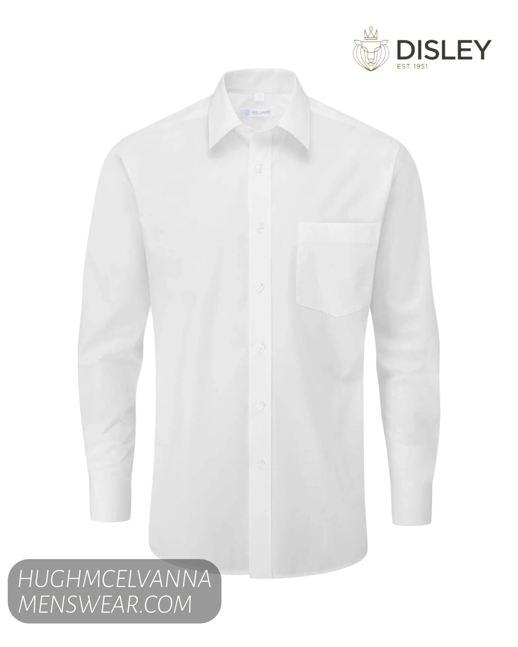 White dress shirt on a white background with Disley branding.