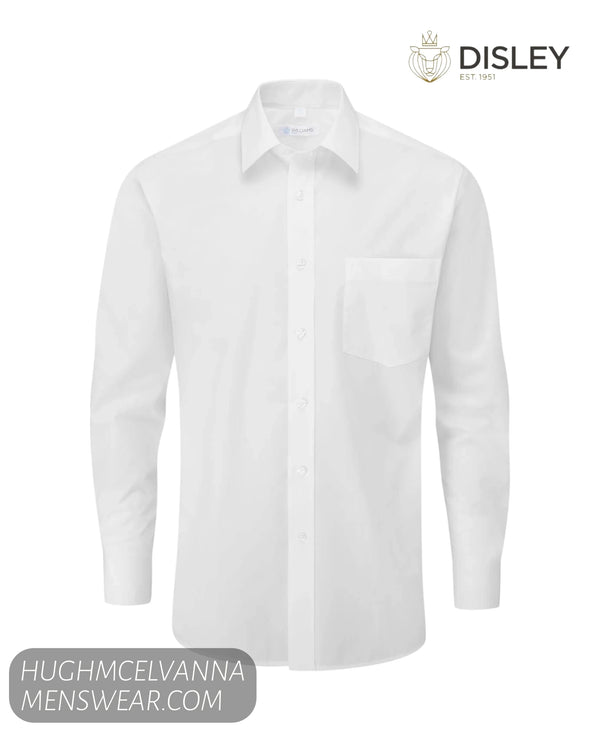 White dress shirt on a white background with Disley branding.