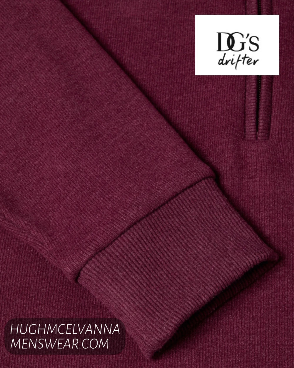 Close up shot of ribbed sleeve cuff on DG's Drifter claret red sweatshirt