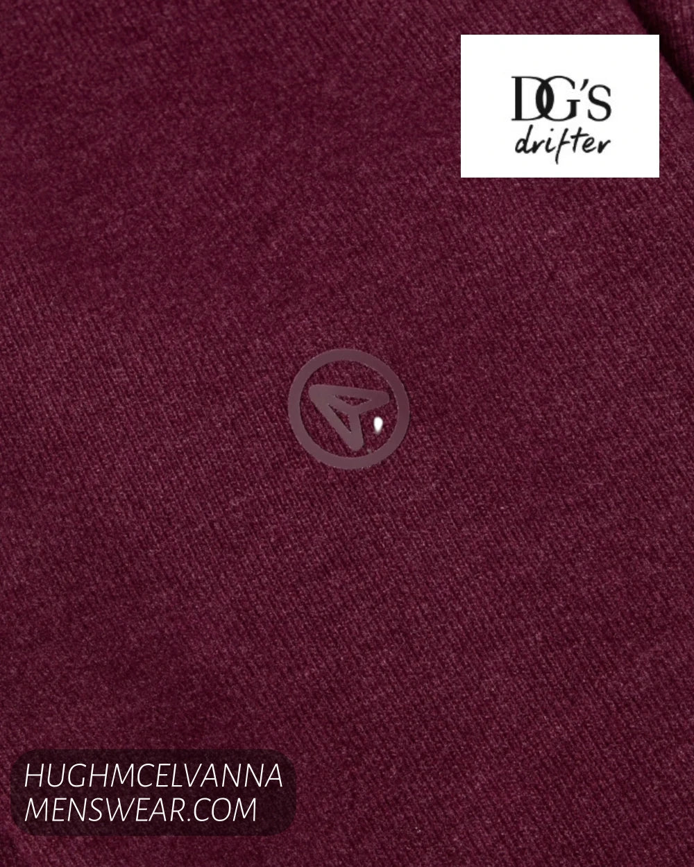 Close up detail of embroidered tonal circle emblem on DG's Drifter claret fabric