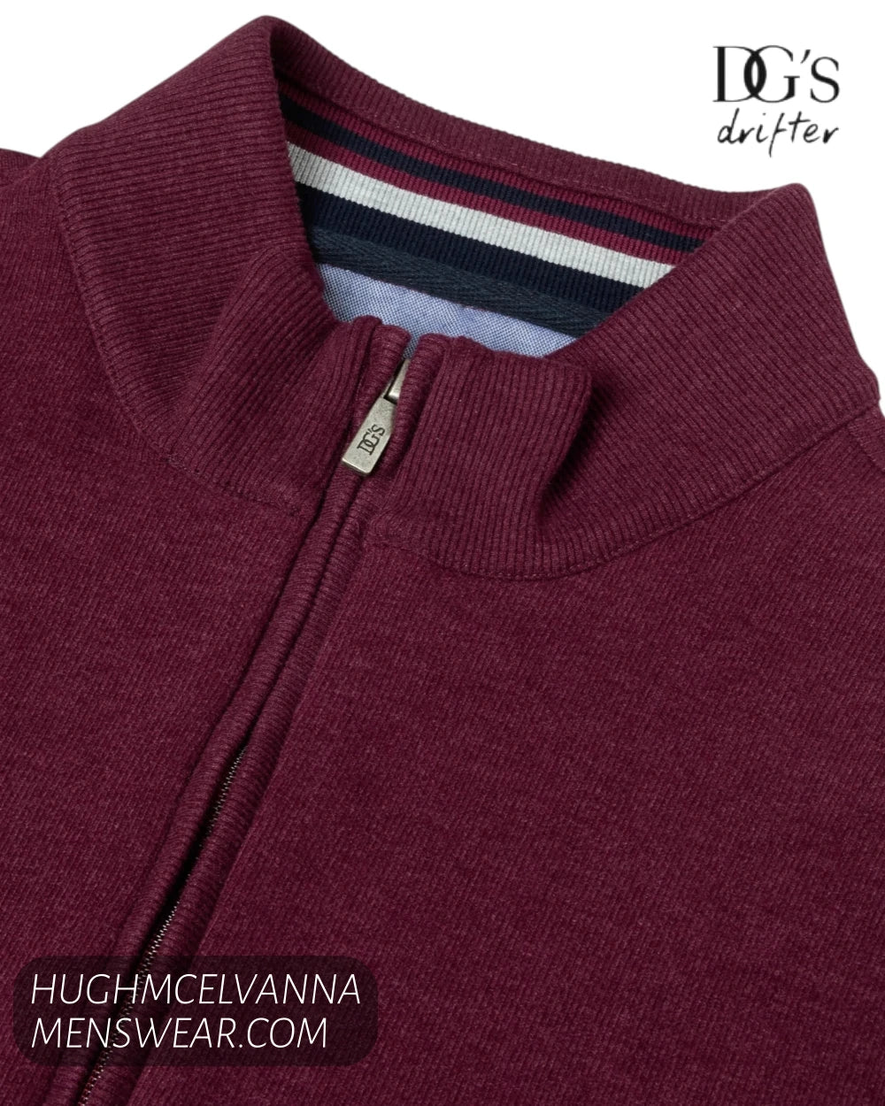Detailed view of quarter zip neckline with striped inner collar trim on DG's Drifter sweatshirt