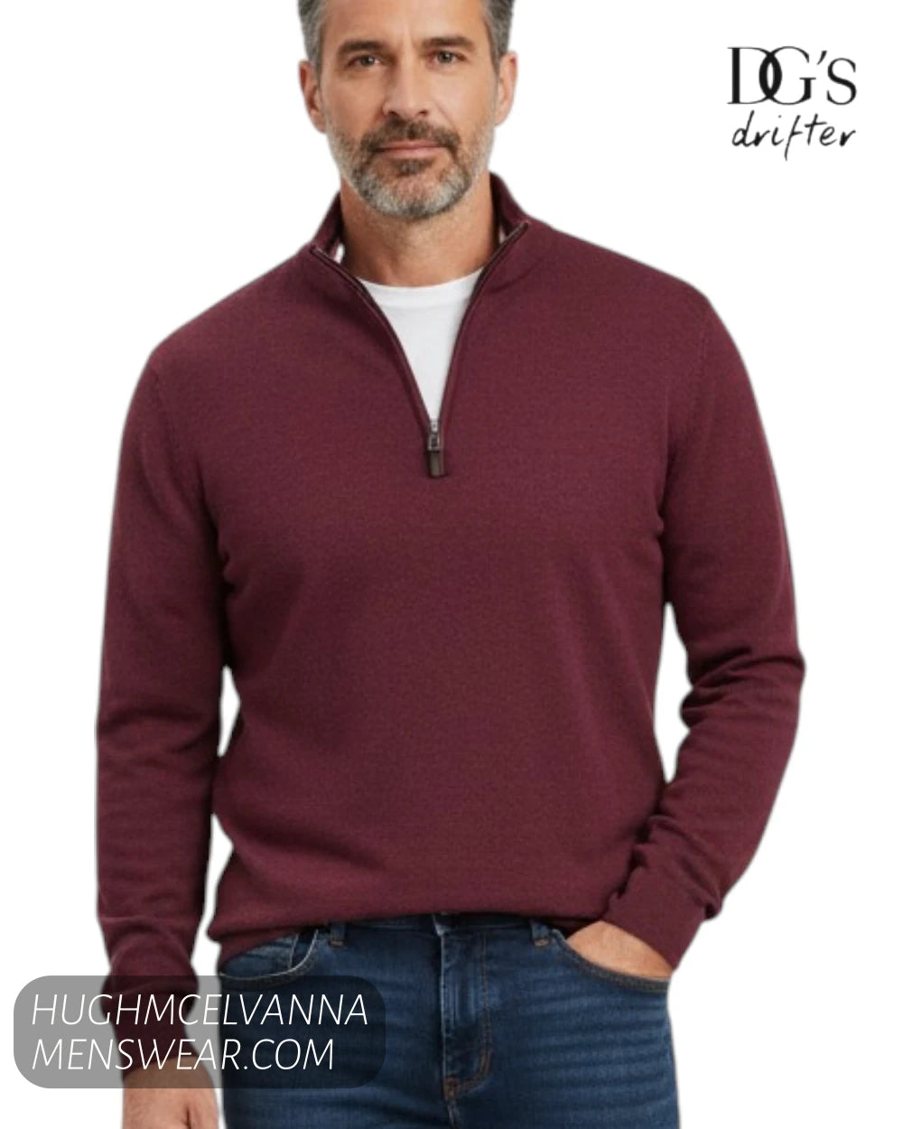 Portrait close up view of model wearing DG's Drifter burgundy quarter zip sweatshirt
