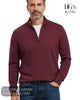 Portrait close up view of model wearing DG's Drifter burgundy quarter zip sweatshirt