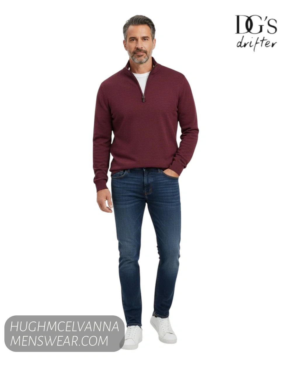 Full length model view wearing DG's Drifter claret quarter zip jumper with blue jeans and white trainers