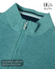 Detailed view of quarter zip neckline with striped inner collar trim on DG's Drifter sweatshirt