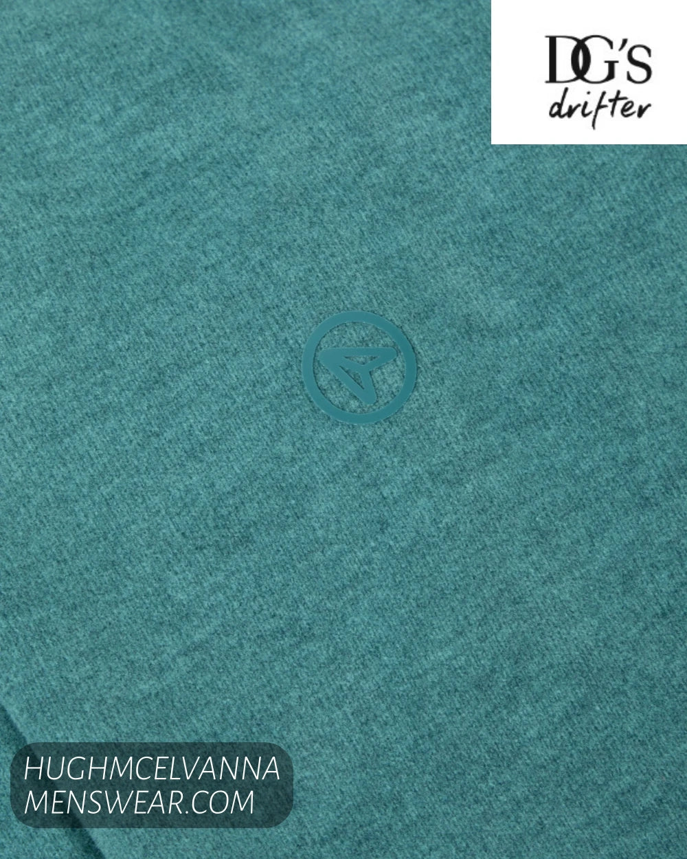 Close up detail of embroidered tonal circle emblem on DG's Drifter sea green knitwear
