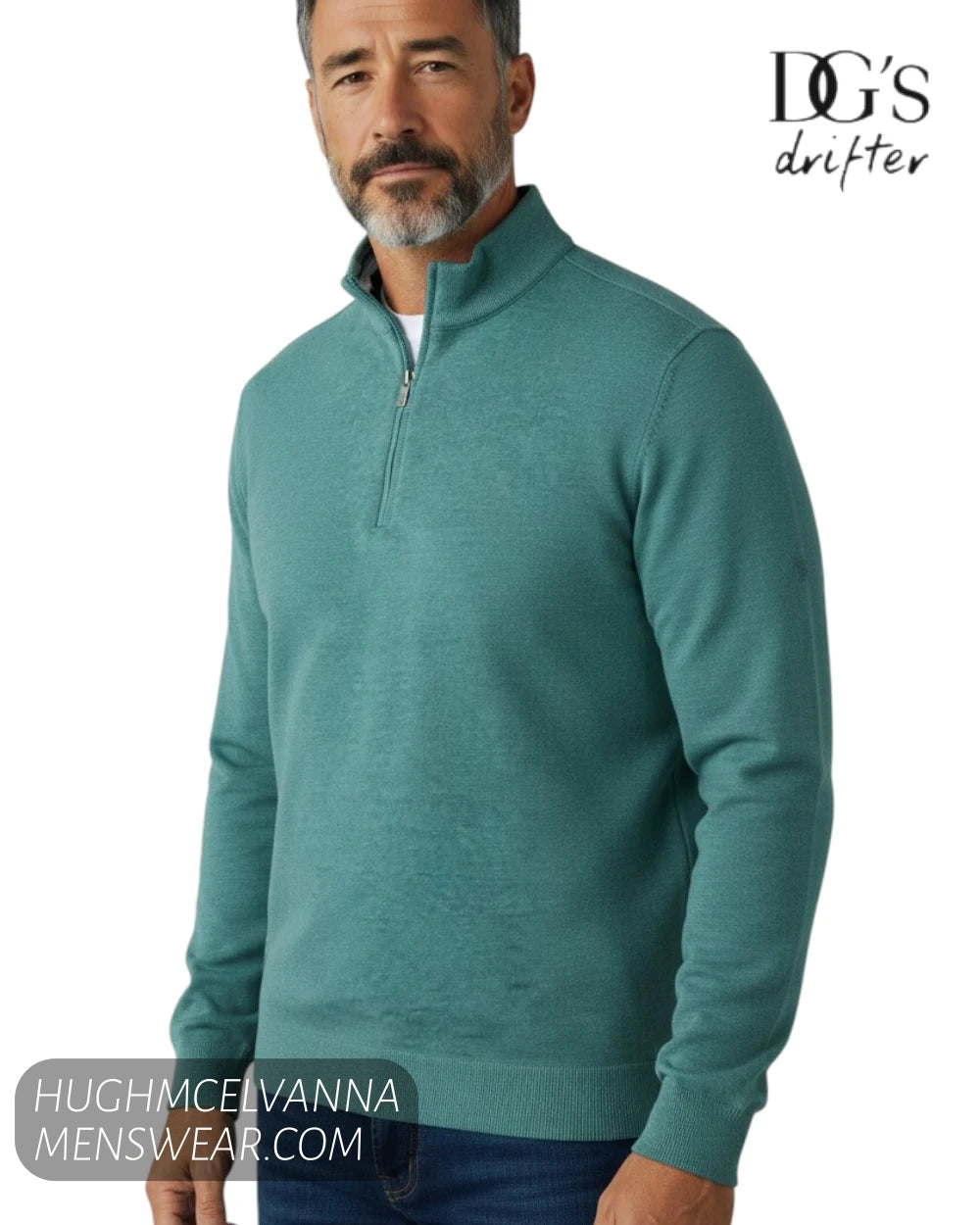 Studio model wearing DG's Drifter 55120-26 sea green quarter zip sweatshirt with blue jeans
