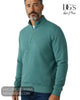 Studio model wearing DG's Drifter 55120-26 sea green quarter zip sweatshirt with blue jeans