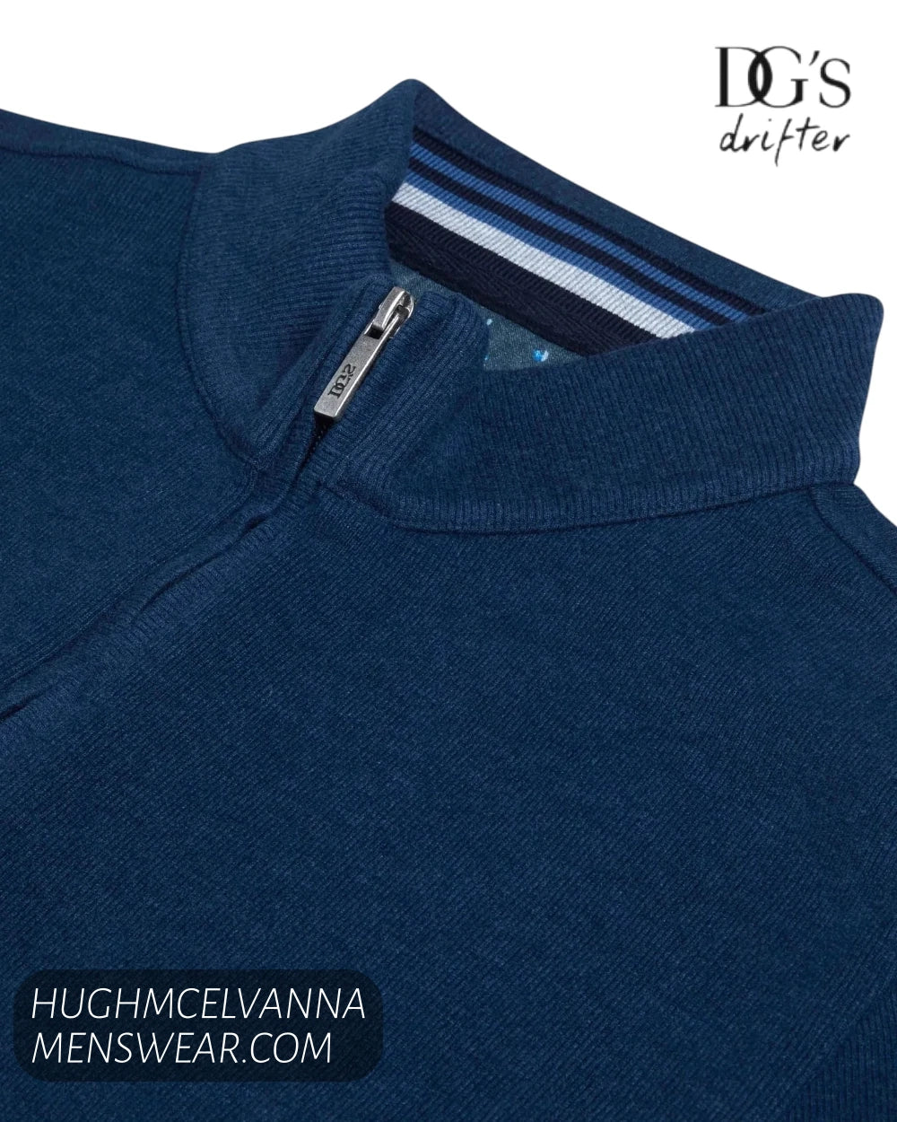 Detailed view of quarter zip neckline with striped inner collar trim on DG's Drifter sweatshirt