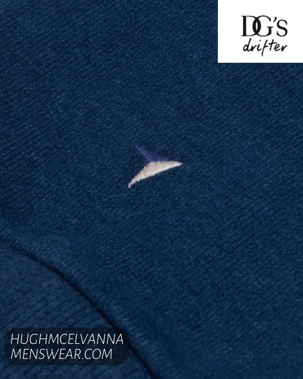 Close up detail of subtle embroidered tonal emblem on DG's Drifter blue fabric