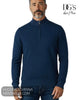 Close up portrait view of model wearing DG's Drifter petrol blue quarter zip jumper