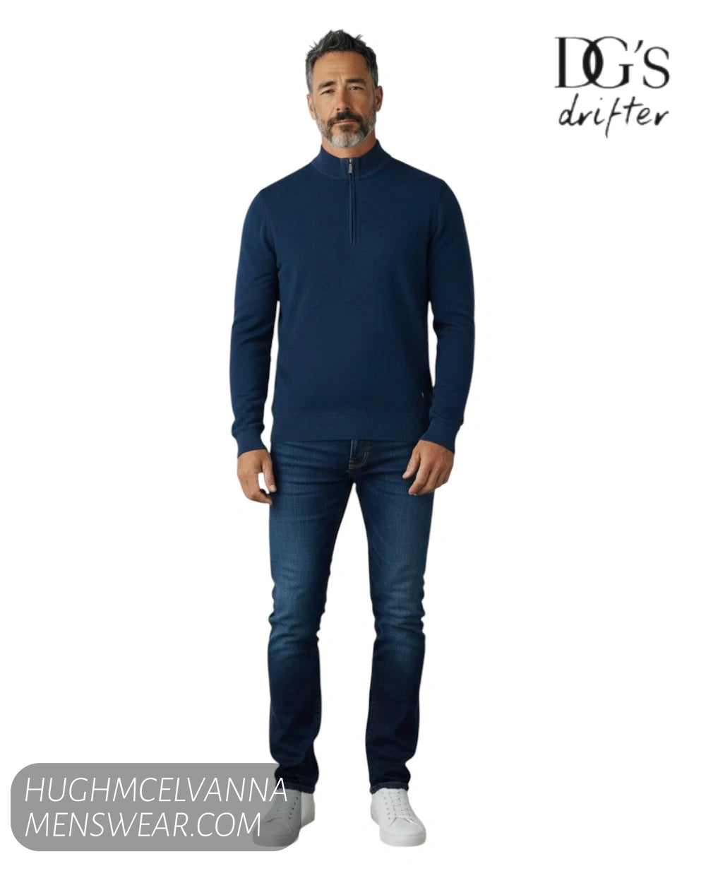 Full length model view wearing DG's Drifter 55120-27 petrol blue quarter zip sweatshirt with blue jeans and white trainers