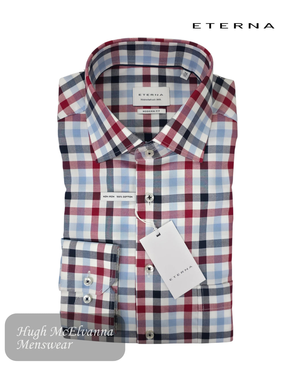 Plaid shirt with a tag on a white background, featuring the Eterna brand.