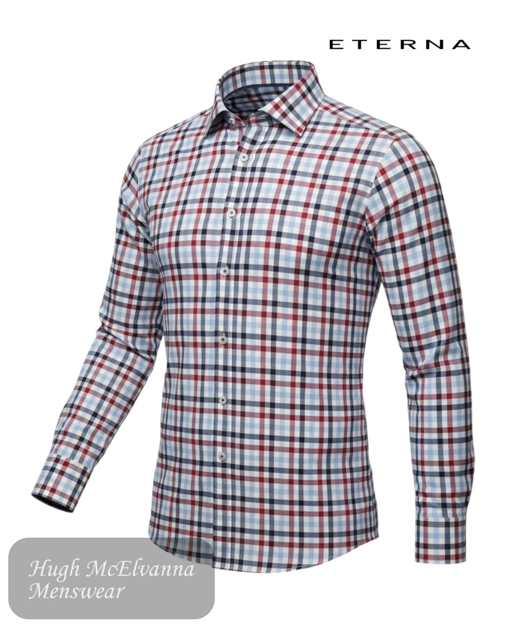 ghost model showing an Eterna red check shirt