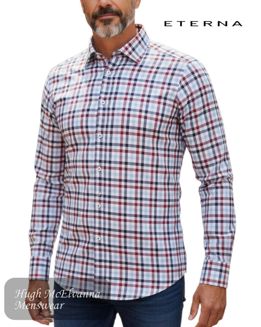 Eterna red check shirt worn by a model against a with background