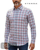 Eterna red check shirt worn by a model against a with background