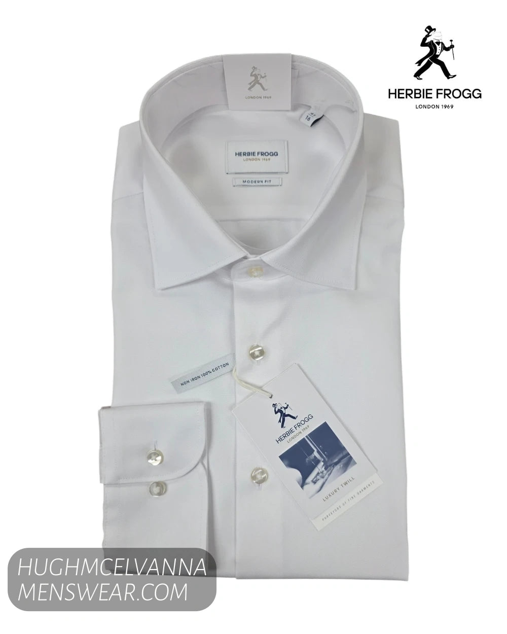 Folded retail presentation of Herbie Frogg 52158 plain white non iron shirt with swing tag and cuff detail