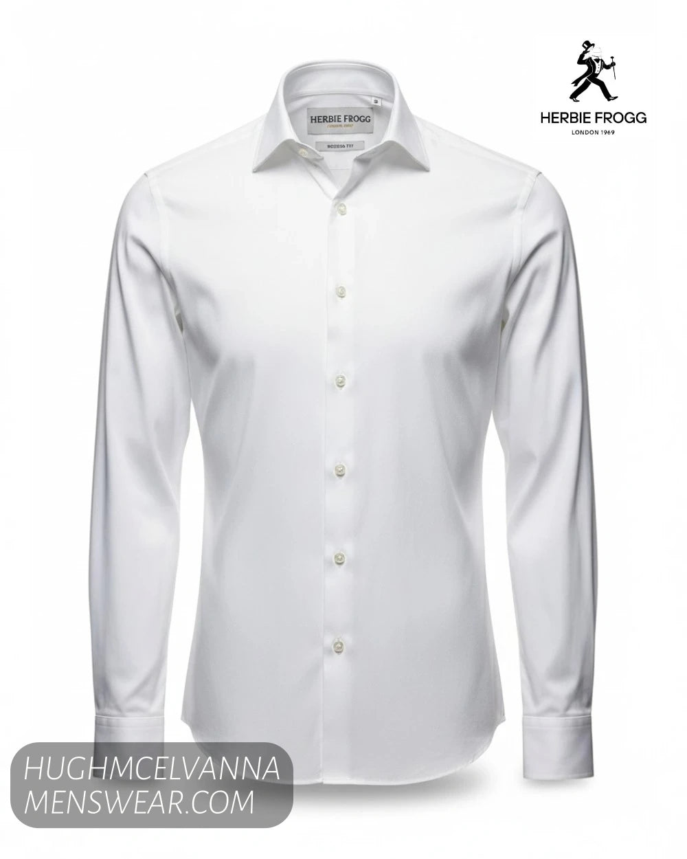 Front 3D ghost mannequin view of Herbie Frogg 52158 plain white luxury twill modern fit shirt