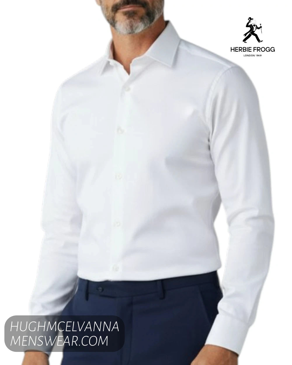 Model close up view wearing Herbie Frogg 52158 plain white non iron cover shirt