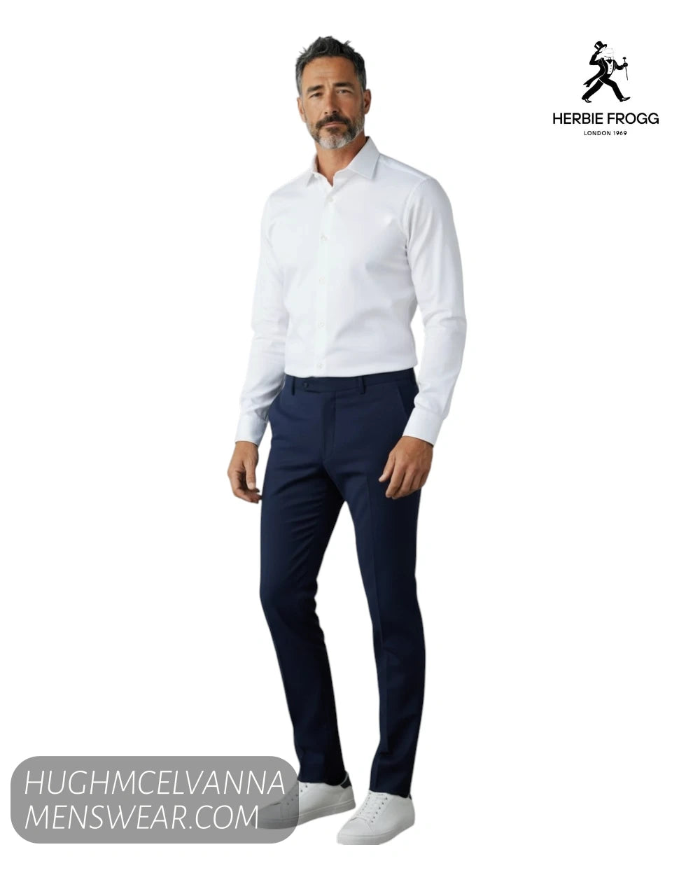 Full length model view wearing Herbie Frogg 52158 plain white formal shirt with navy trousers and white trainers