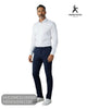 Full length model view wearing Herbie Frogg 52158 plain white formal shirt with navy trousers and white trainers