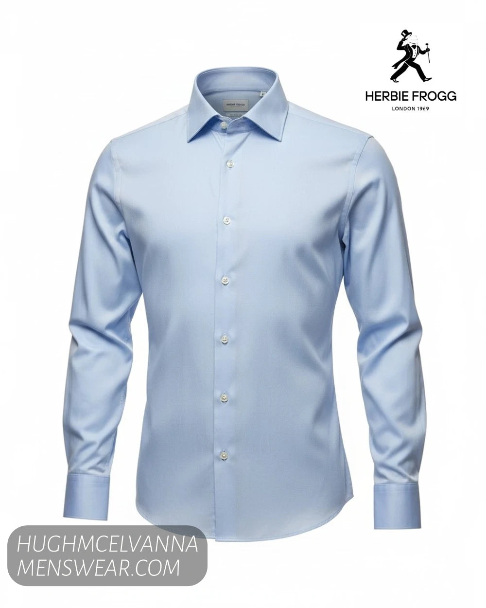 Front 3D ghost mannequin view of Herbie Frogg 52159 plain blue luxury twill cover shirt