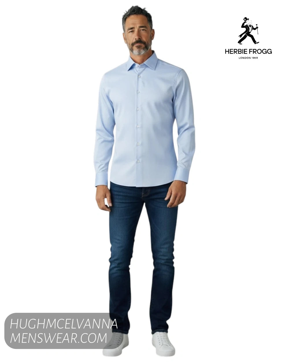 Full length model view wearing Herbie Frogg 52159 plain blue shirt with dark denim jeans and white trainers