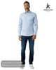 Full length model view wearing Herbie Frogg 52159 plain blue shirt with dark denim jeans and white trainers