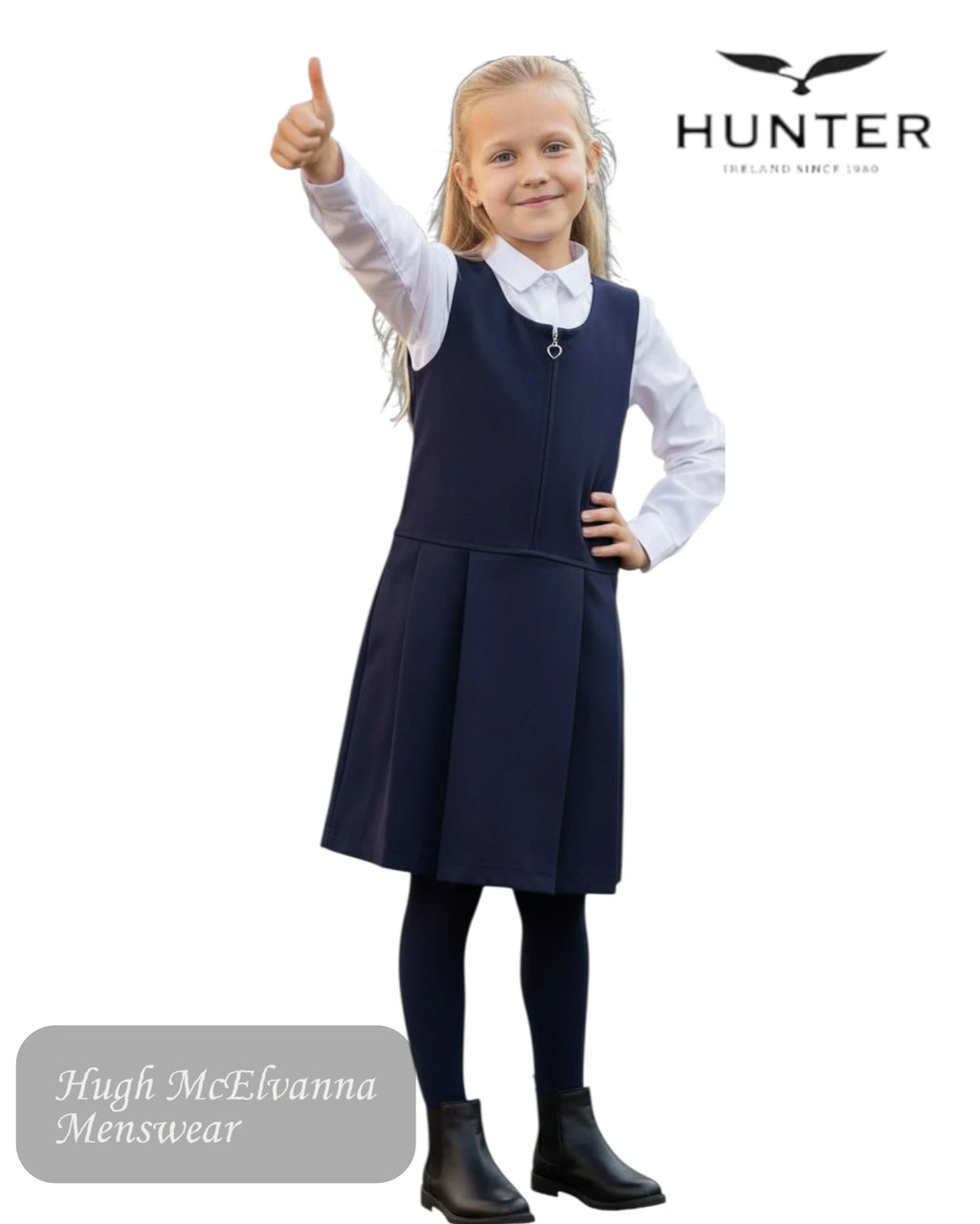 Hunter 260 Navy Pinafore girls school uniform dress with front heart zip.