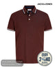 Flat lay product image of the Jack and Jones fire brick Paulos polo shirt, featuring a 2 for £40 promotional badge.
