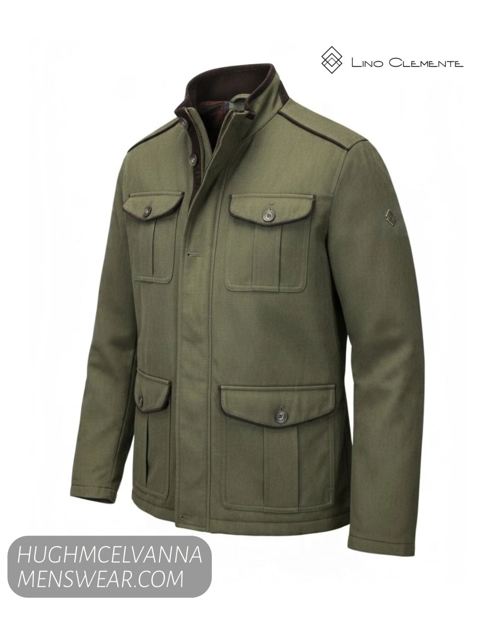 Ghost mannequin studio display of Lino Clemente LIRA green utility jacket showing corduroy collar and button placket