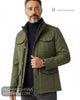 Close up front view of model wearing Lino Clemente LIRA green short jacket showing four flap pockets and stand collar